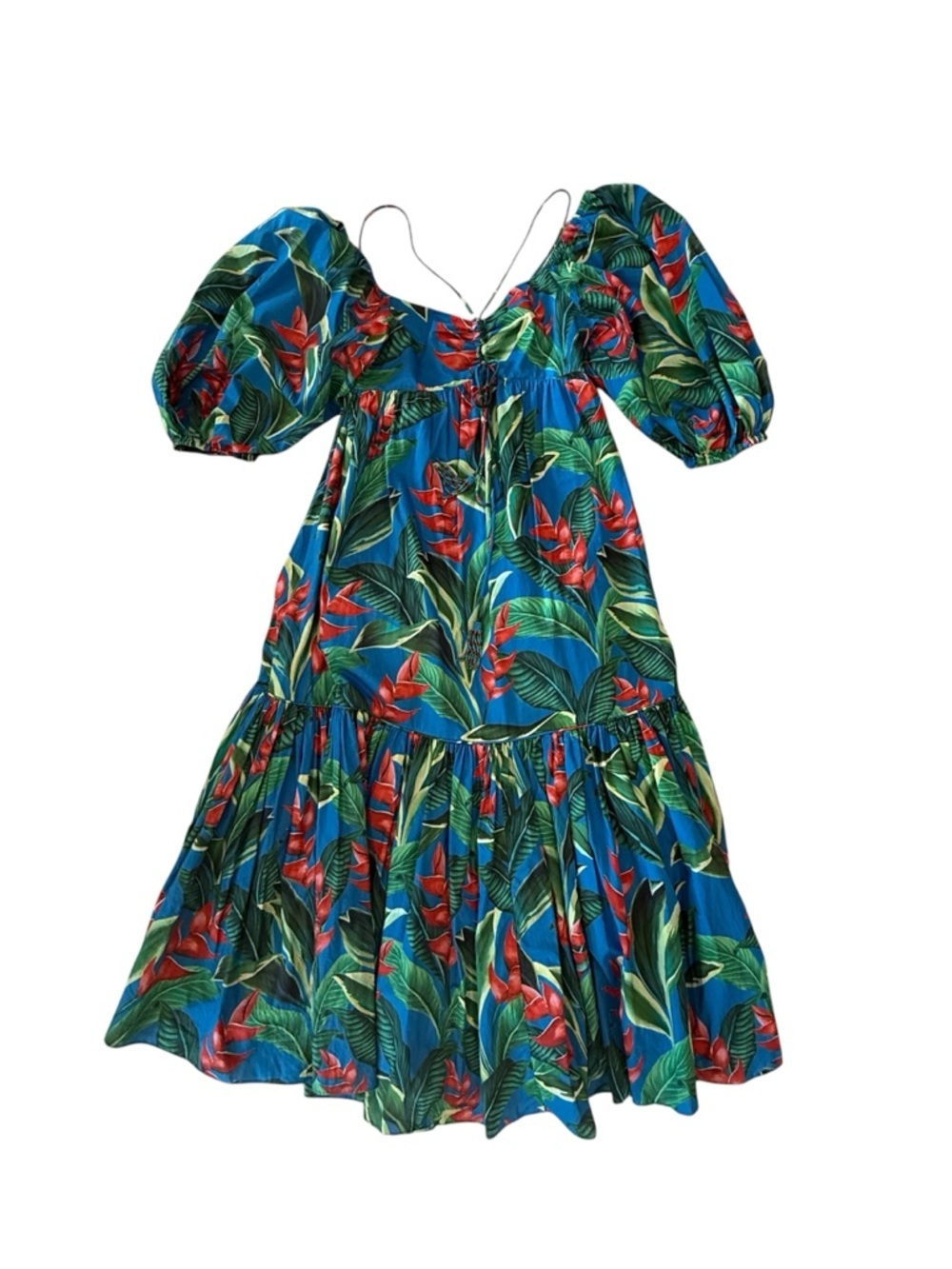 Farm Rio Dream Garden tropical floral puff sleeve tiered cotton Midi Dress XS - Picture 10 of 14